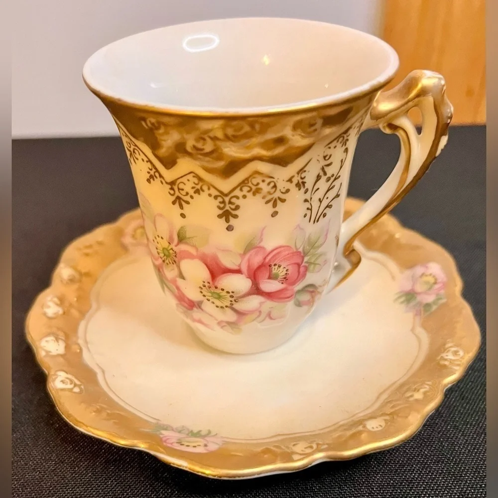 Vintage Victorian Ardco Chocolate Cup Saucer Set Hand Painted Floral Gold Trim
